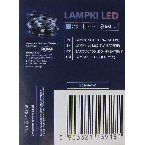 Lampki na drucie LED 50 <br>na baterie, białe zimne